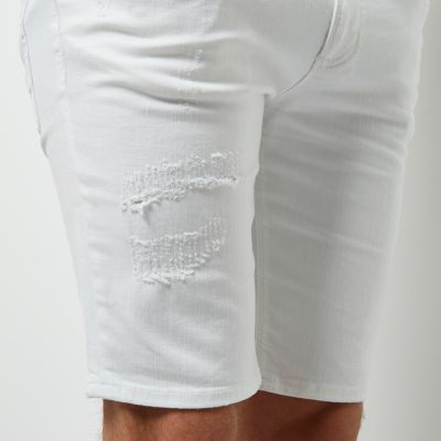 White distressed skinny fit denim shorts